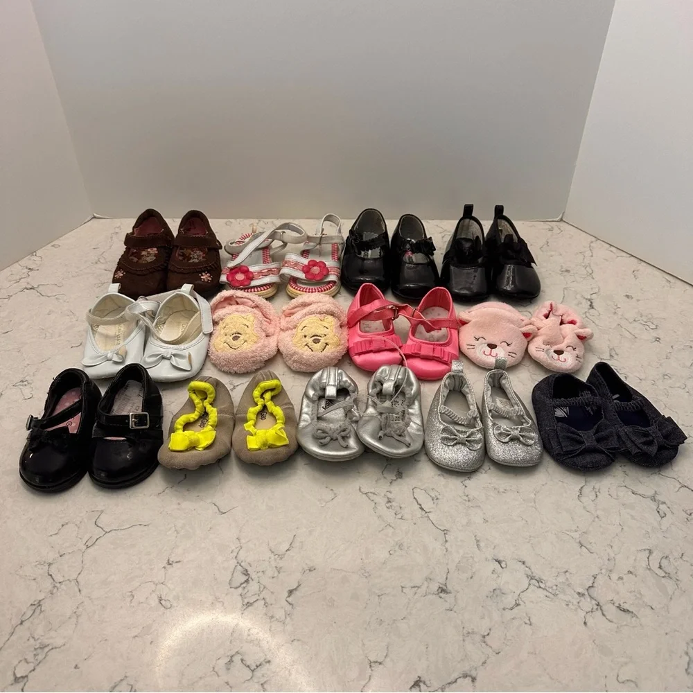 13 Pair Baby Girl Shoe Lot Sizes 0-3 Gap Old Navy Carters Vintage Winnie Pooh